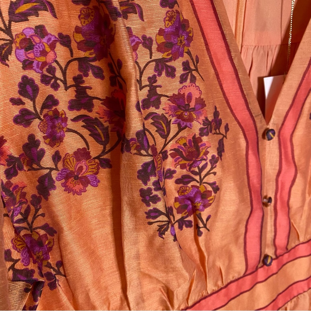 CIEBON Mango Orange Purple Floral Long Sleeve Linen Blend Dress! - Picture 8 of 15
